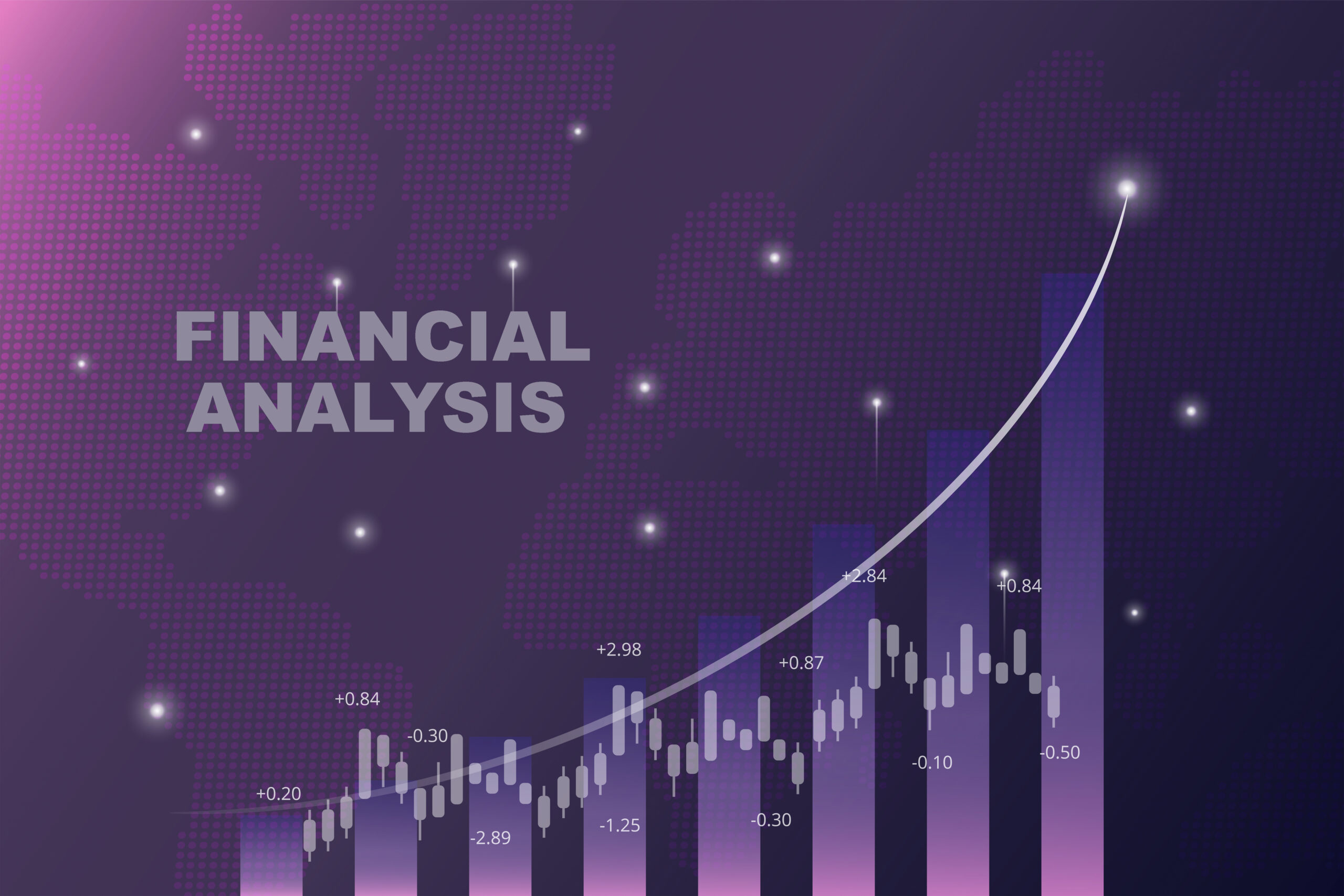 Purple financial analysis chart showing upward trend with bar, candlestick and line graph elements on dark background