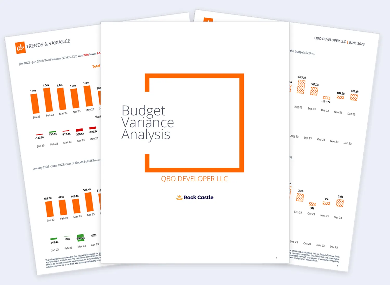 Budget variance analysis report with revenue trends, expense comparisons, and KPI visuals.