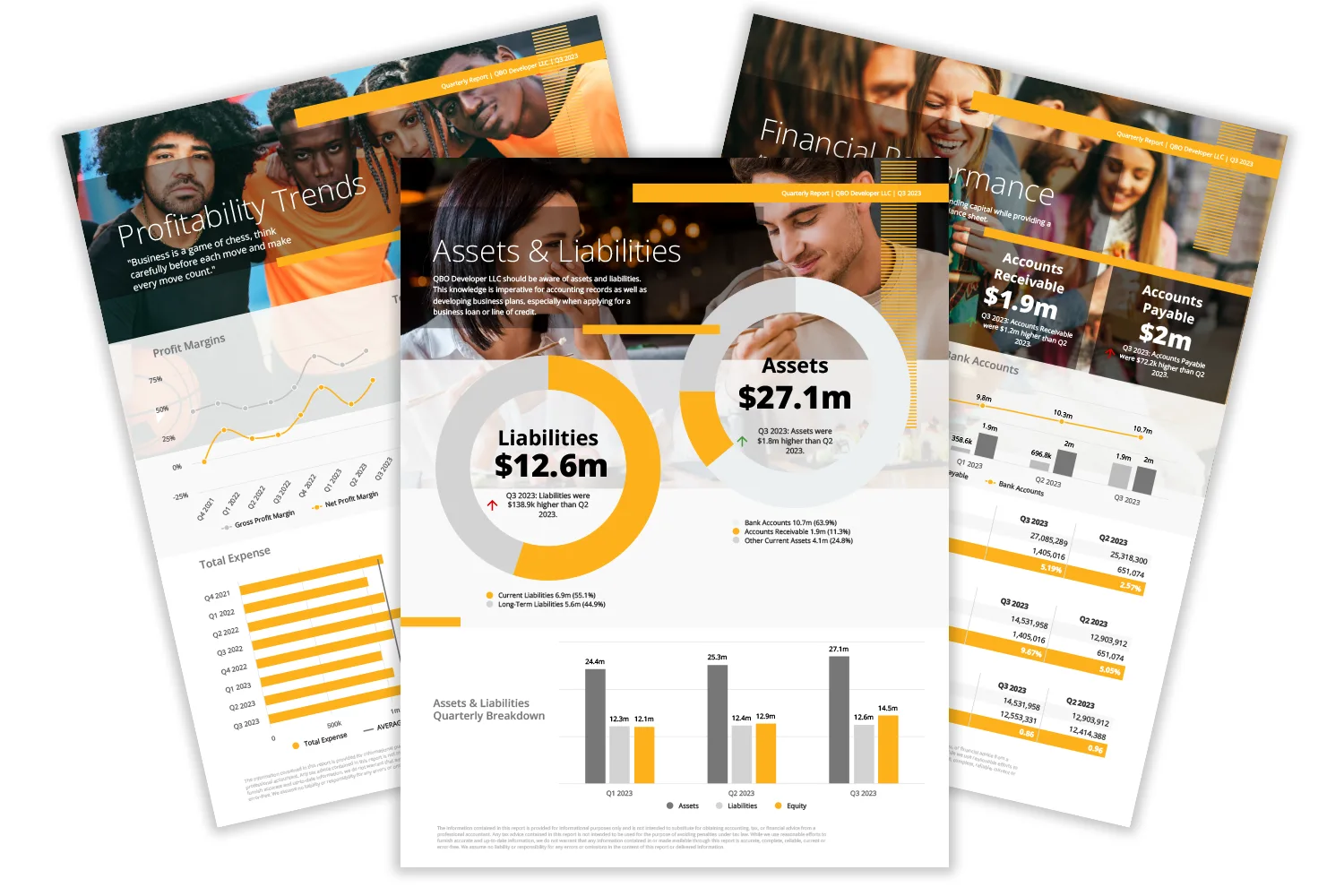 Quarterly financial analytics report featuring assets, liabilities, receivables, and expense summaries.