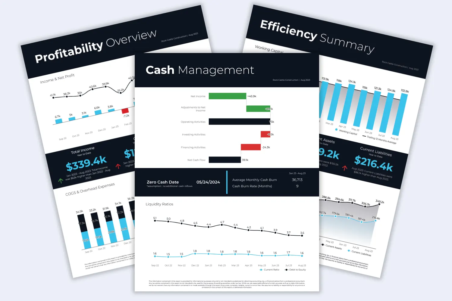 360-degree financial analysis report featuring profitability, cash management, and efficiency summaries.