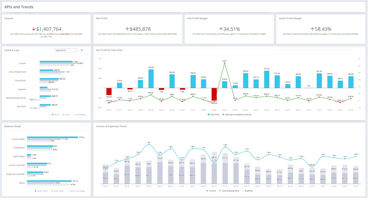 Financial dashboard showing KPIs, income trends, profit and loss, balance sheet highlights, and cash flow performance.