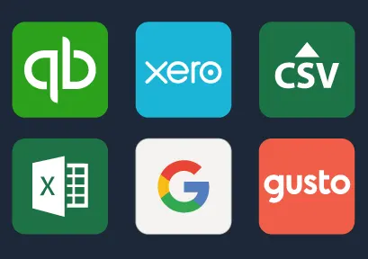 Logos of integrations supported by Reach Reporting including QuickBooks, Xero, CSV, Excel, Google, and Gusto.